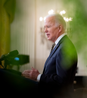 Joe Biden in a suit speaks at a podium in a softly lit room, with a warm ambiance. The foreground is blurred with green, creating a serene atmosphere.